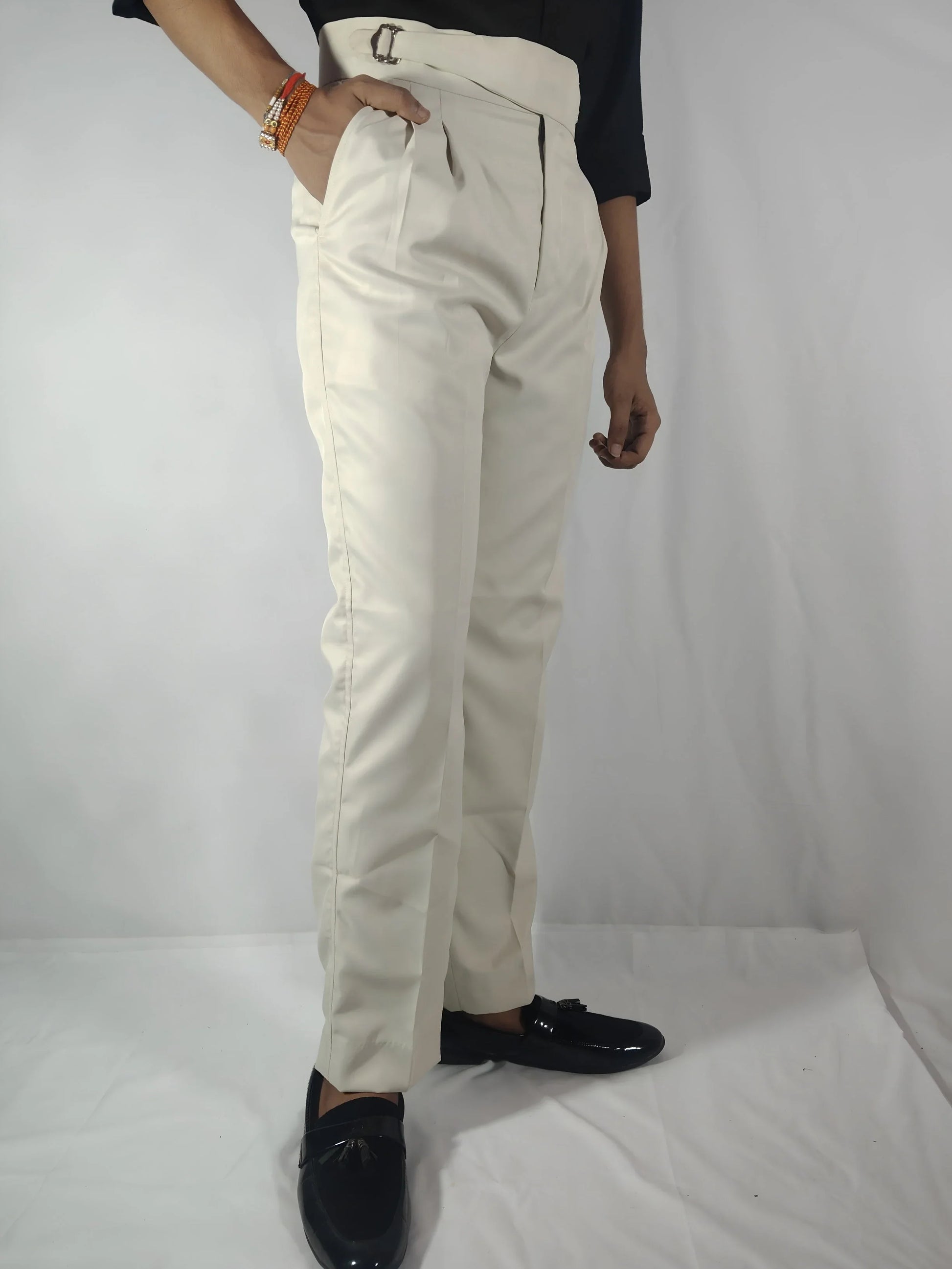 Velmior Off-White Gurkha Pant – Tapered Fit & Pleated Design - VELMIOR