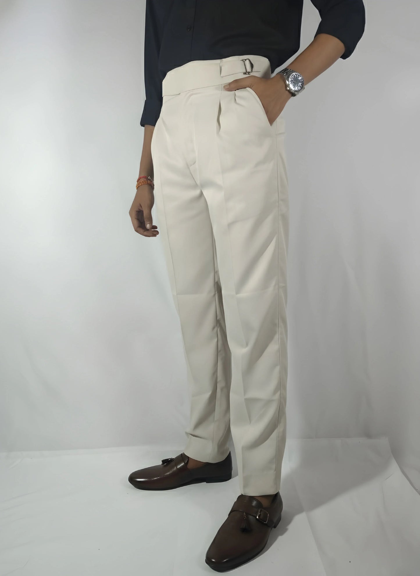 Velmior Off-White Gurkha Pant – Tapered Fit & Pleated Design - VELMIOR